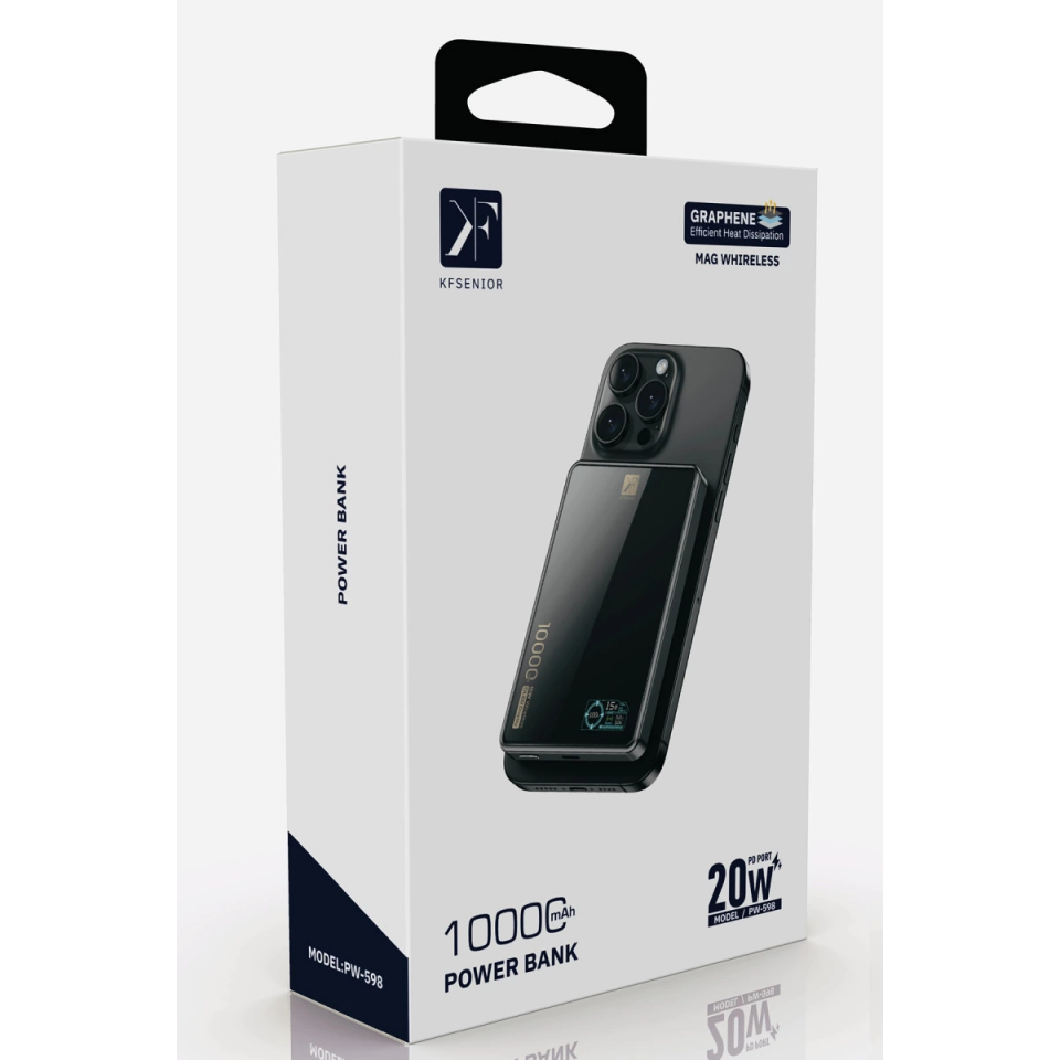 Pw598 10.000 Mah Dijital Göstergeli 20w Type-c Ve 15w Kablosuz Şarj Pd Hızlı Şarj Magsafe Powerbank - Siyah