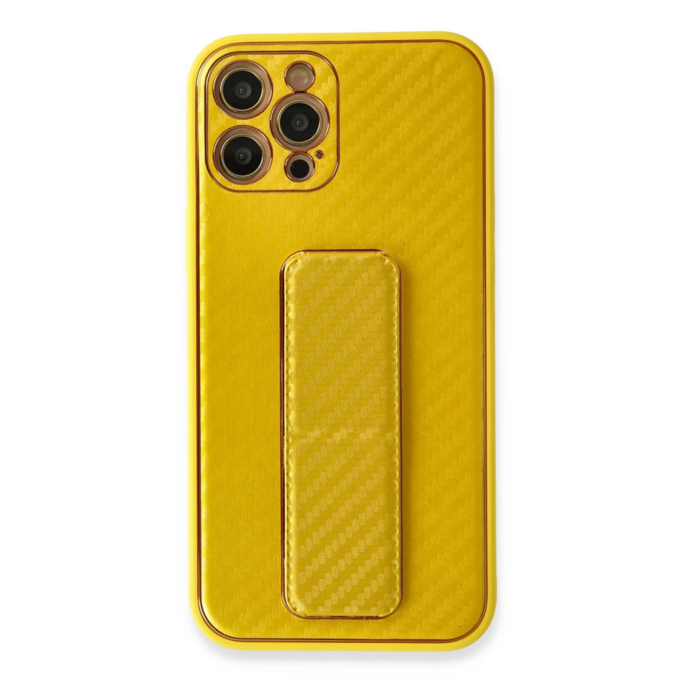 İphone 12 Pro Max Kılıf Coco Karbon Standlı Kapak - Sarı