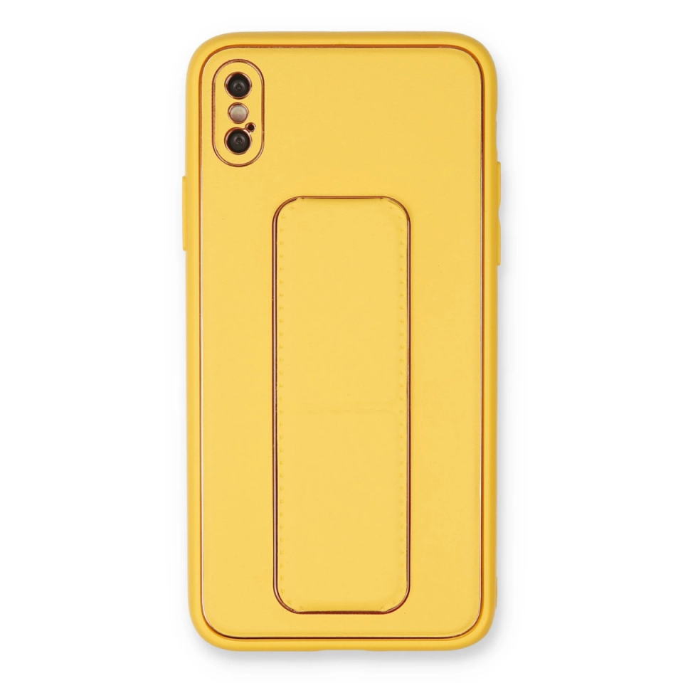 İphone Xs Max Kılıf Coco Deri Standlı Kapak - Sarı