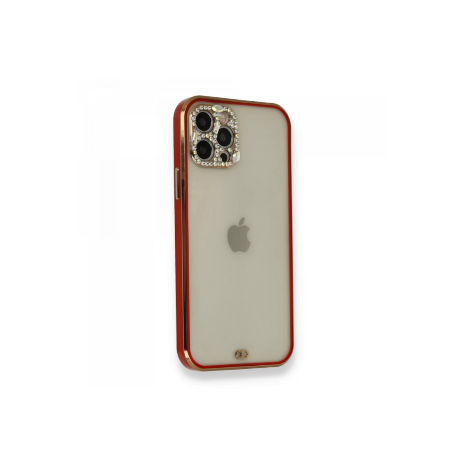 İphone 12 Pro Kılıf Liva Taşlı Silikon - Kırmızı