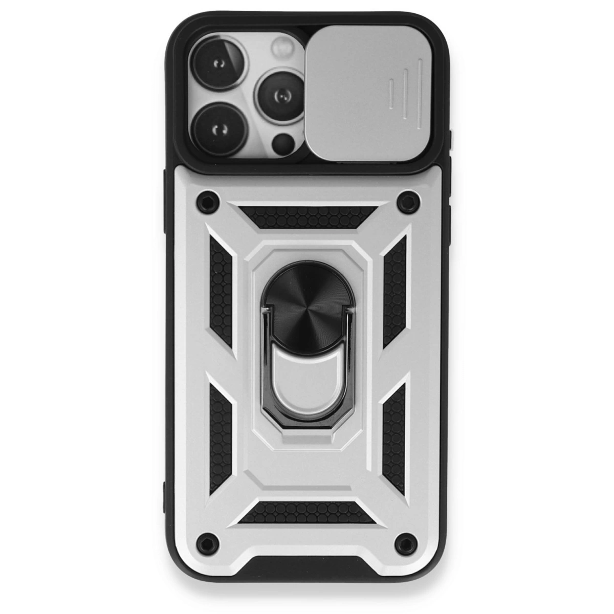 İphone 15 Pro Kılıf Pars Lens Yüzüklü Silikon - Gümüş
