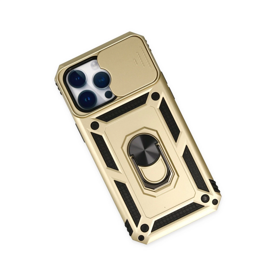 İphone 14 Pro Max Kılıf Pars Lens Yüzüklü Silikon - Gold