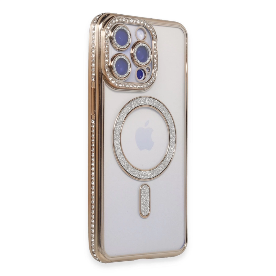 İphone 15 Pro Kılıf Joke Simli Magneticsafe Kılıf - Gold