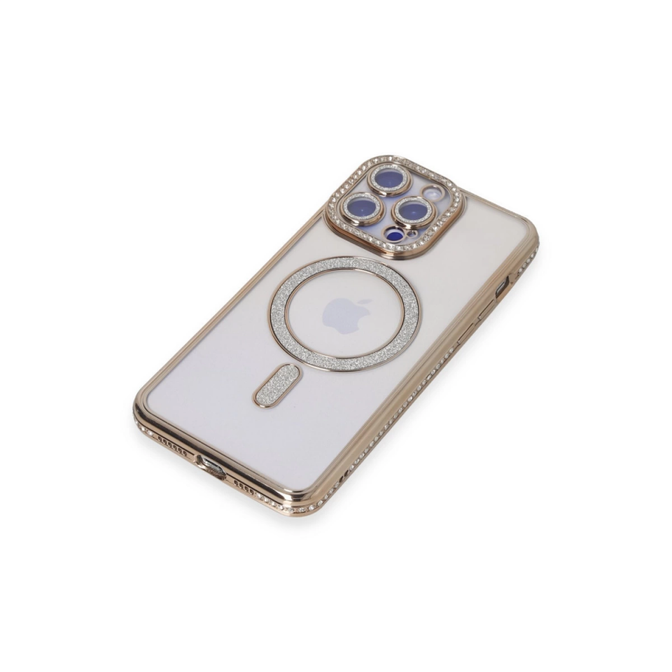 İphone 15 Pro Kılıf Joke Simli Magneticsafe Kılıf - Gold