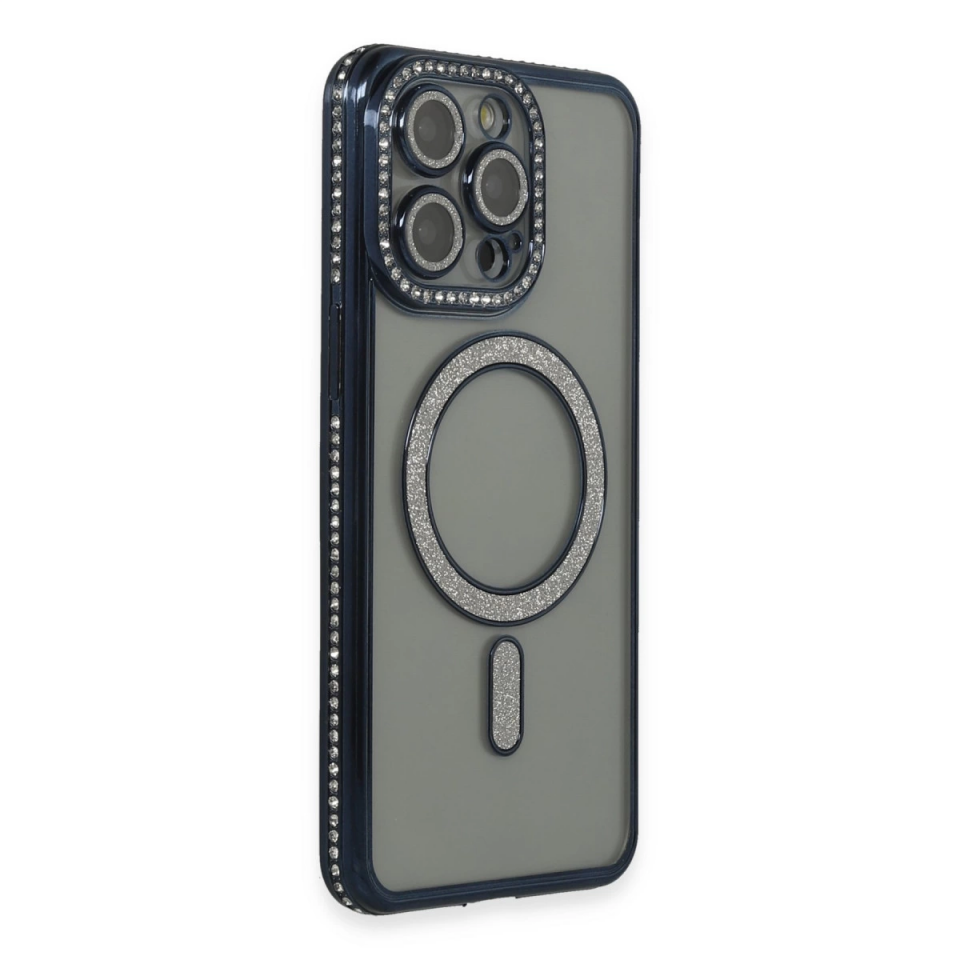 İphone 15 Pro Kılıf Joke Simli Magneticsafe Kılıf - Lacivert